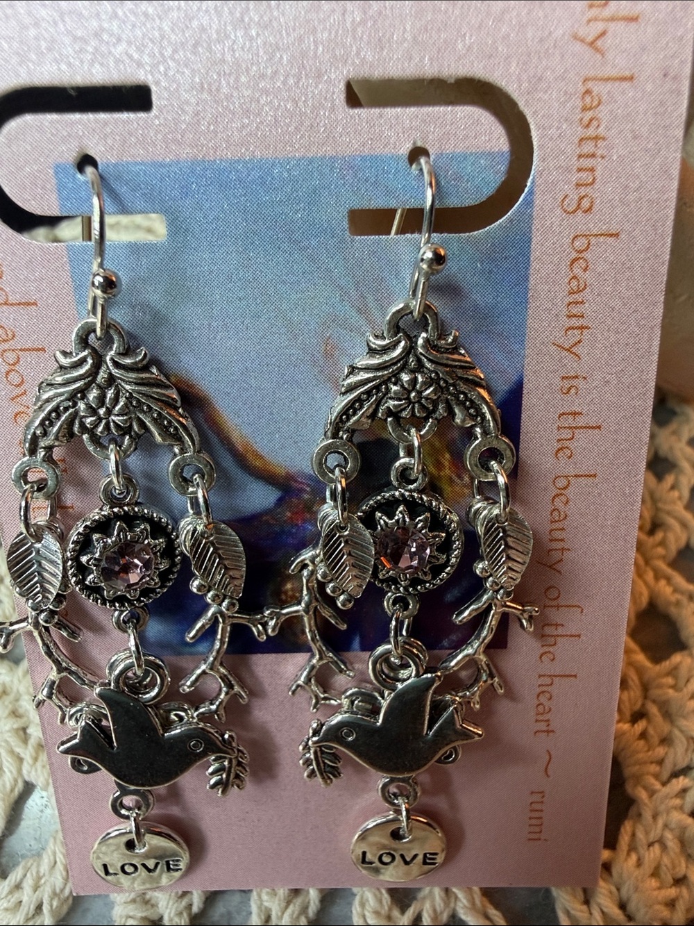 Silver-Tone Dove & Leaf Drop Earrings with Pink Crystal - Love Charm - Picture 2 of 3
